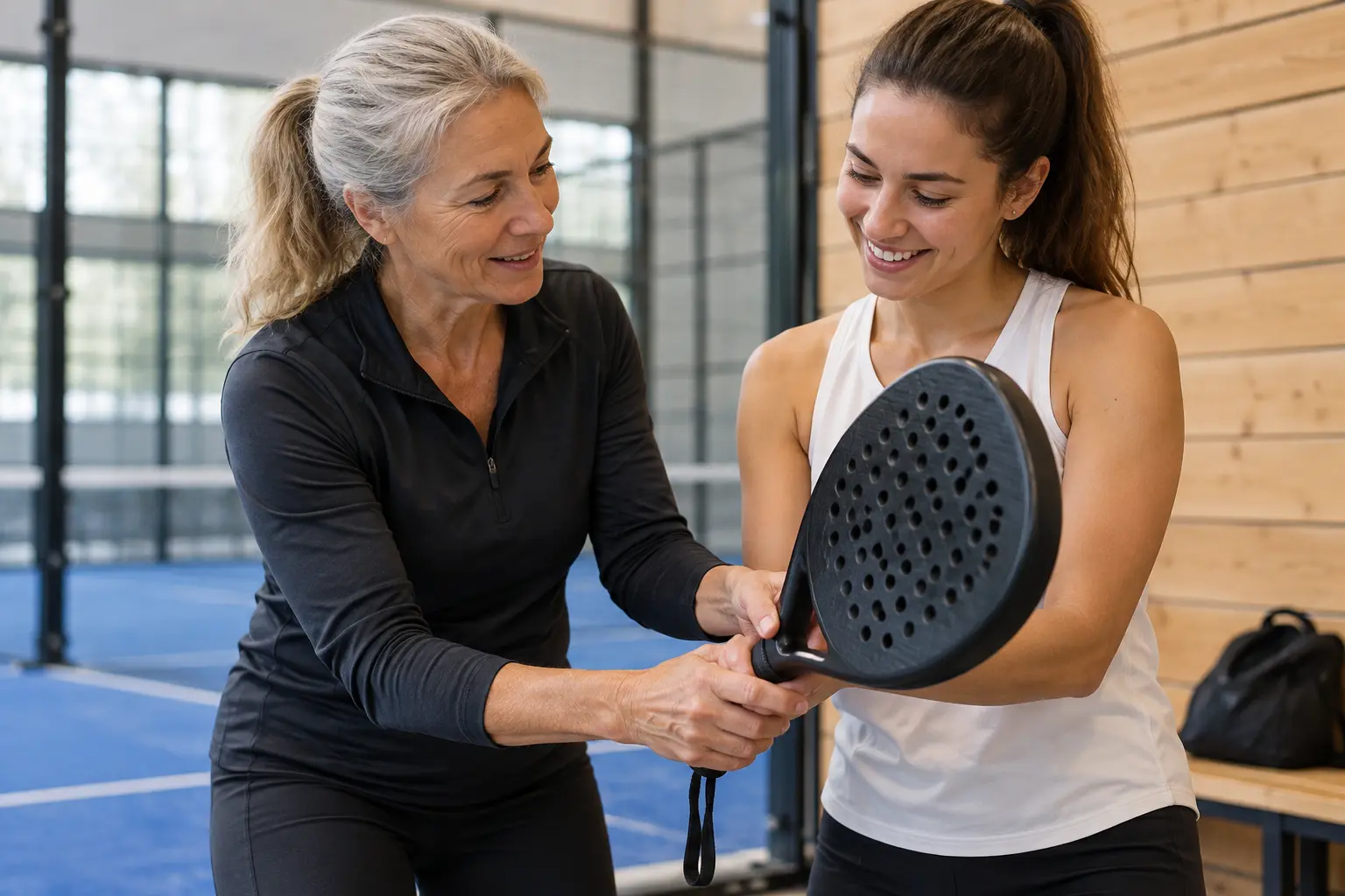 Edző segít egy kezdő padeljátékosnak · MI által készített szemléltető képek